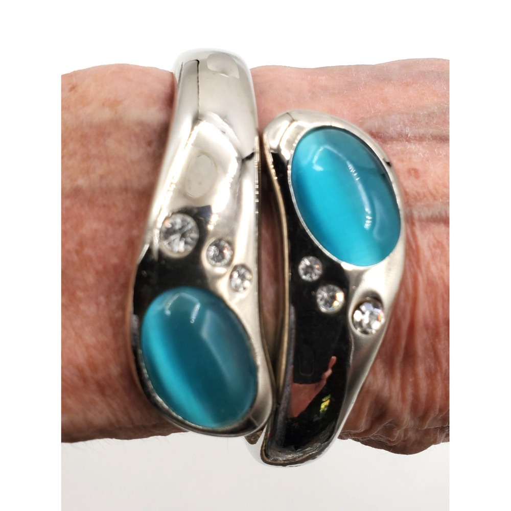 Vintage Blue Cabochon Clamper Bracelet Rhinestones Silver Tone 6"+
